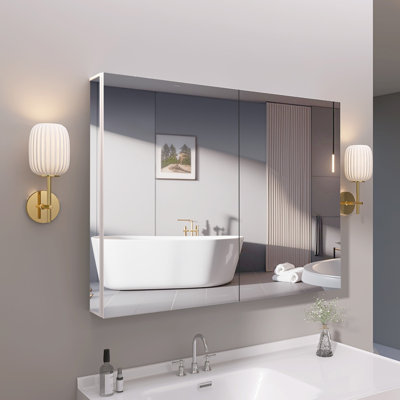 40'' W X 30'' H Frameless Aluminum Medicine Cabinet with Mirror White Rectangular Mirror Recessed or Surface Mount Medicine Cabinet Mirror