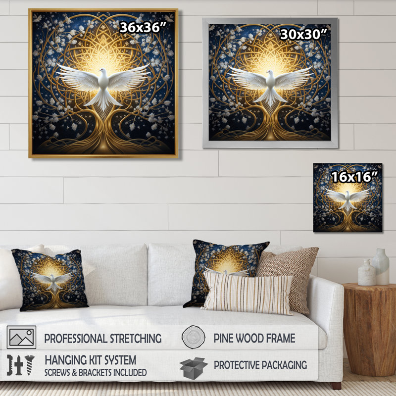 Colombe céleste apportant la paix - colombe, art mural, Toile avec cadre noir, H 16 po x l 16 po x P 1 po