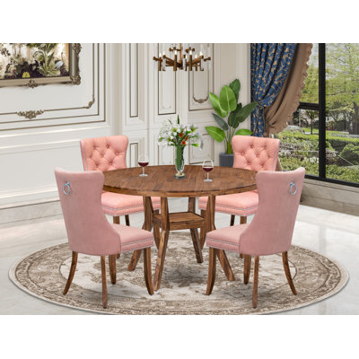 5-Pc Dinner Table Set Contain a Wooden Table and 4 Beige Red Polyester fabric Upholstered Chairs with Button-Tufted Back, Antique Walnut