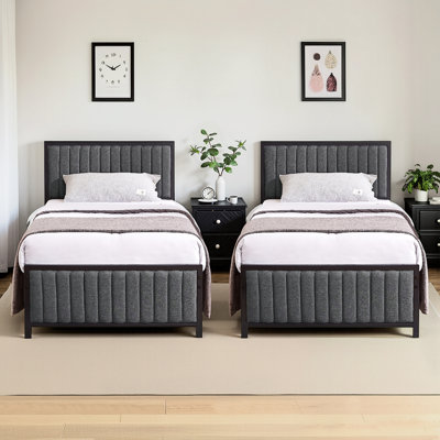 Ensemble de 2 bases de lit tapissier simple avec tête de lit rembourrée, lit plateforme à lattes en métal robuste, rangement sous le lit, gris