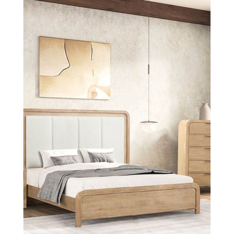 Lit très grand avec tête de lit matelassée, finition naturelle et style transitionnel, fabriqué en bois d'ingénierie en bois d'hévéa massif pour cadre de chambre à coucher en bois d'hévéa, placage de manguier