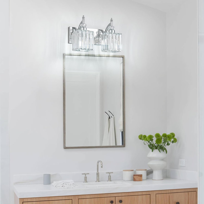 Modern Crystal Bathroom Vanity Light Fixture With K9 Crystal Shades For Over Mirror Installation, Chrome