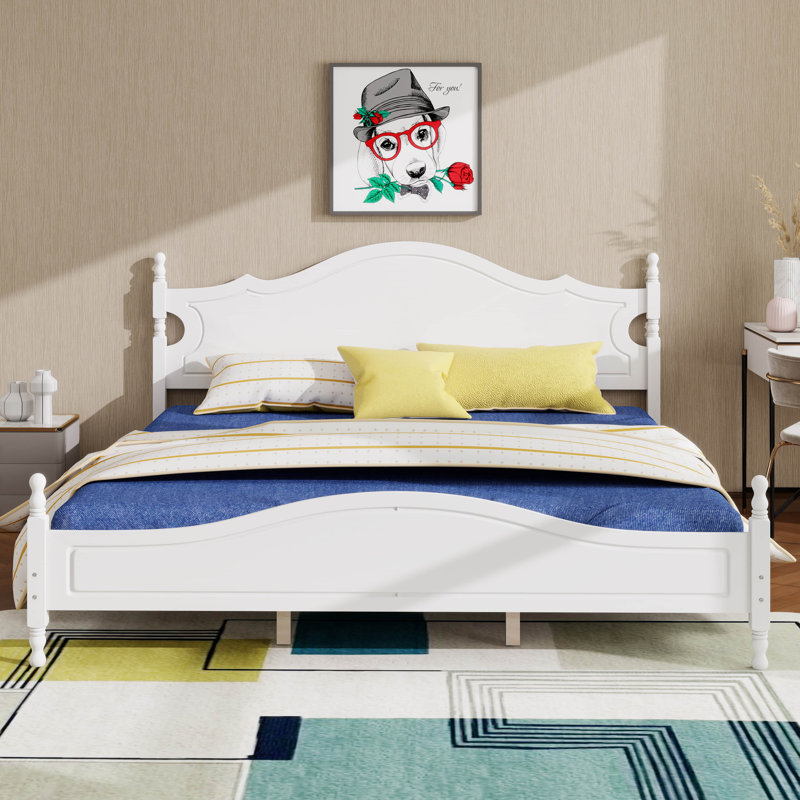 Lit plateforme rétro en bois avec tête de lit haute, cadre de lit en bois avec support en lattes de bois, White