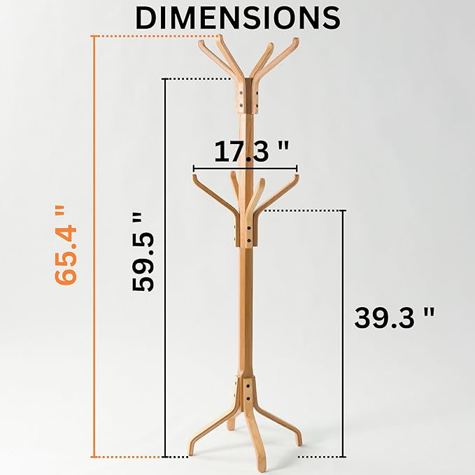 Solid Wood Coat Rack Freestanding, Coat Stands Entryway, Coat Rack Hat Hanger Hook for Jacket, Purse, Scarf Rack, Mid Century Umbrella Tree Stand (6-hook, Natural)