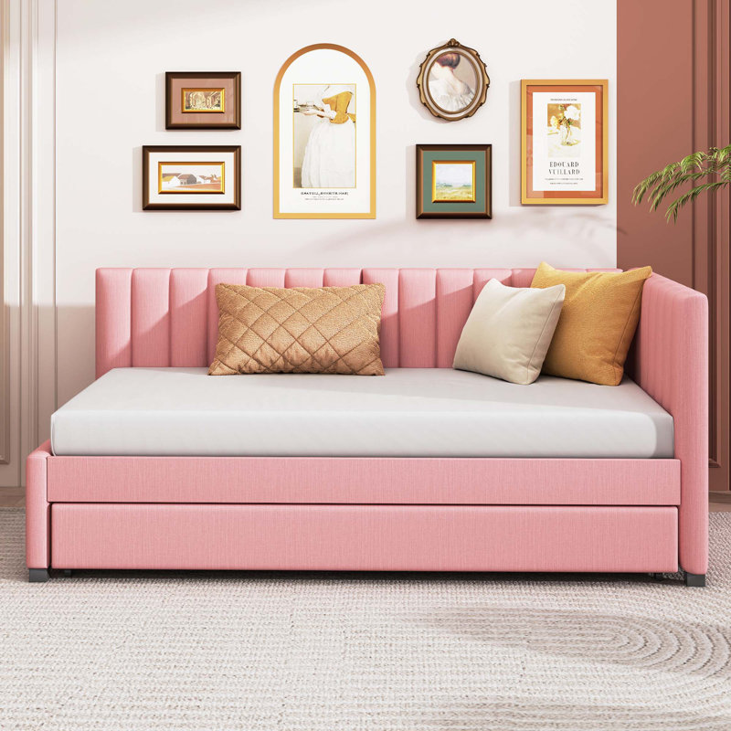 Upholstered Daybed With Trundle Twin Size Sofa Bed Frame No Box Spring Needed, Linen Fabric, Twin, Pink