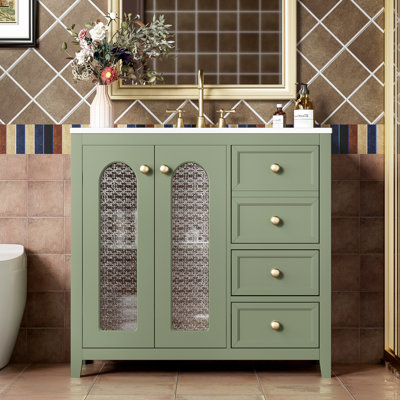 Meuble-lavabo de salle de bain d'une largeur de 36 po, tablettes réglables - armoire élégante et pratique avec poignées en métal doré de luxe de 36 po, lavabo en céramique Elegance