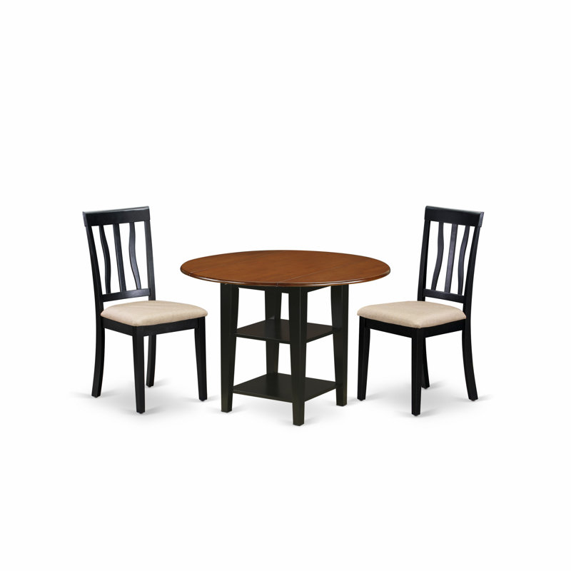 Ensemble de salle à manger 3 pièces comprenant une table ronde avec abattant et étagères et 2 chaises rembourrées en lin, 107 x 107 cm, noir et cerisier