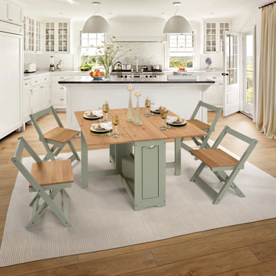 Portrain 5-Piece 45' W Space Saving Folding Dining Set with 4 Chairs, Solid Wood Drop Leaf Kitchen Table Set with Built-in Chair Storage Cabinet, Convertible Console Table for Small Spaces, Apartments & Balcony