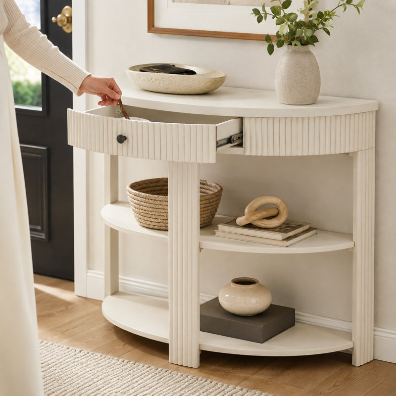 Console demi-lune avec tiroir Wilton, Crème