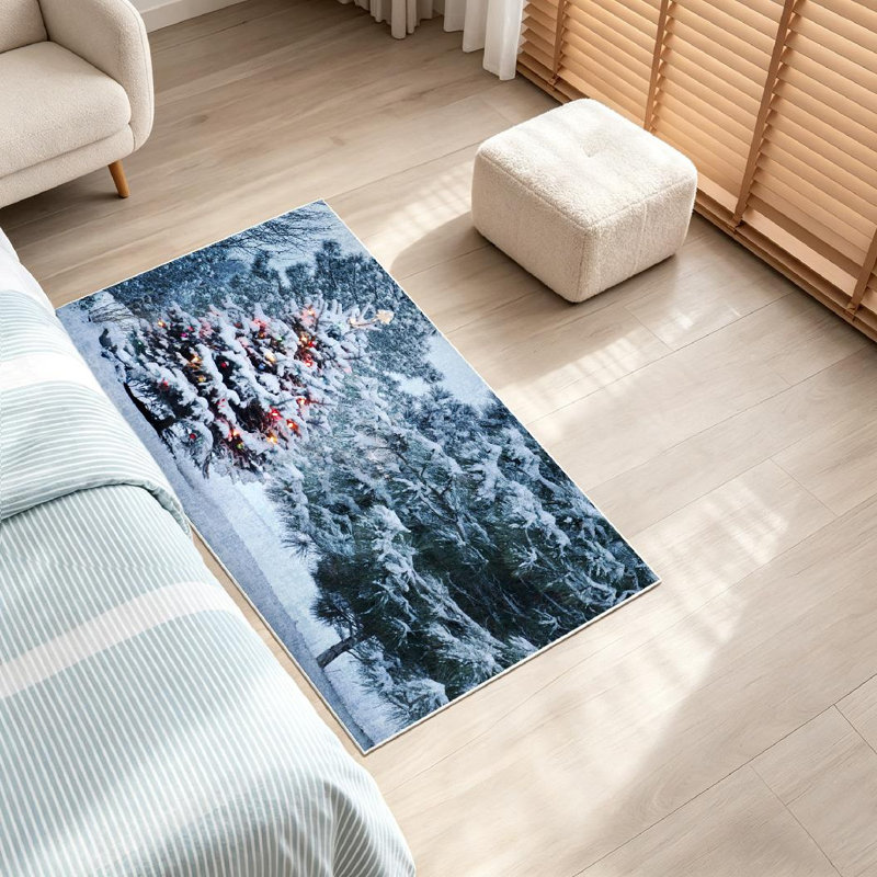 Tapis de Noël bleu hiver lavable à la machine, neige, Rectangle 32 po x 47 po