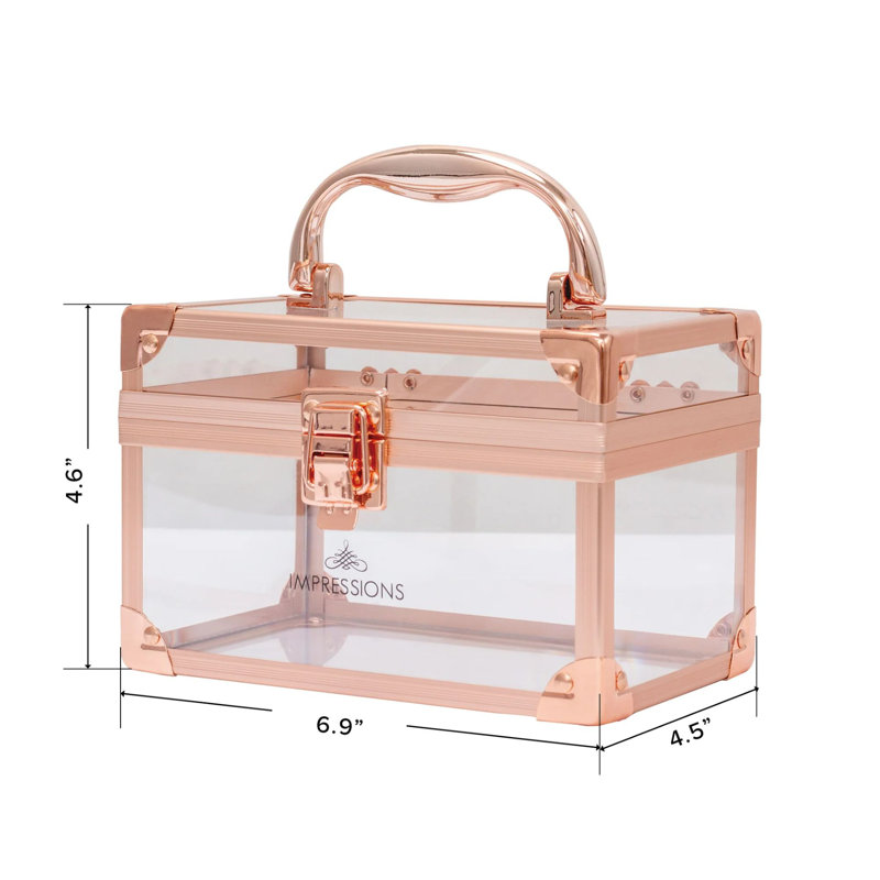 Petite valise Savvy avec panneaux transparents, boîte de maquillage de voyage compacte et bordure métallique, Or rose