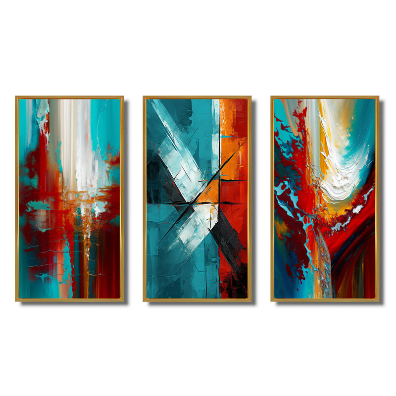 «Rhythmic Abstract Teal Awakening», 3 pièces sur toile, Encadrement doré, H 20 po x l 36 po