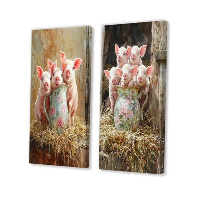 Milk And Pigs Portrait At The Barn I - Animals Wall Art 2 Pieces Collection