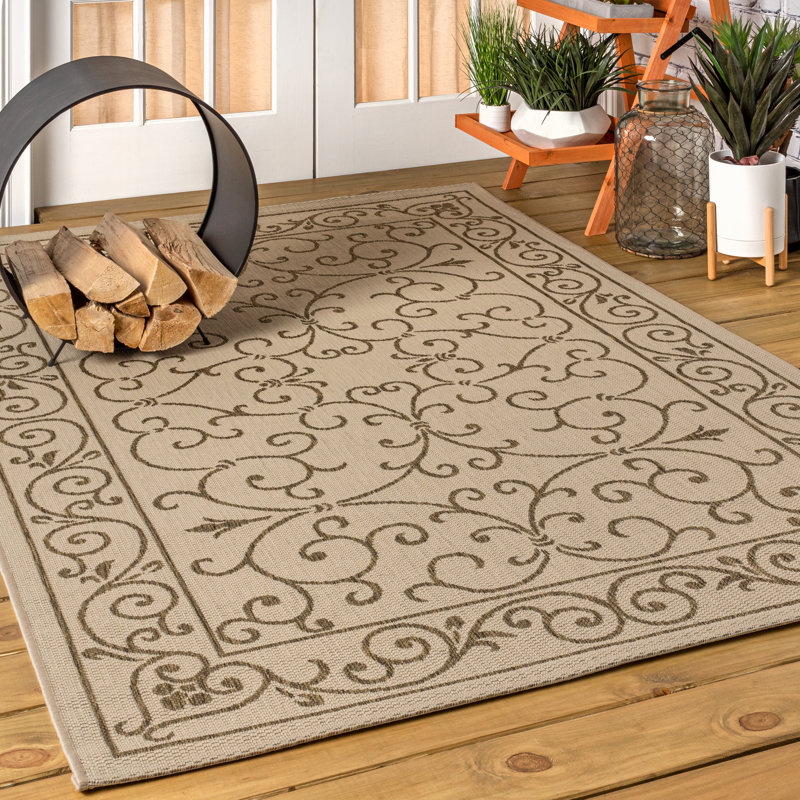 Hagerman Vintage Filigree Textured Weave Beige/Brown Indoor/Outdoor Rug, Rectangle 5'3" x 7'7"