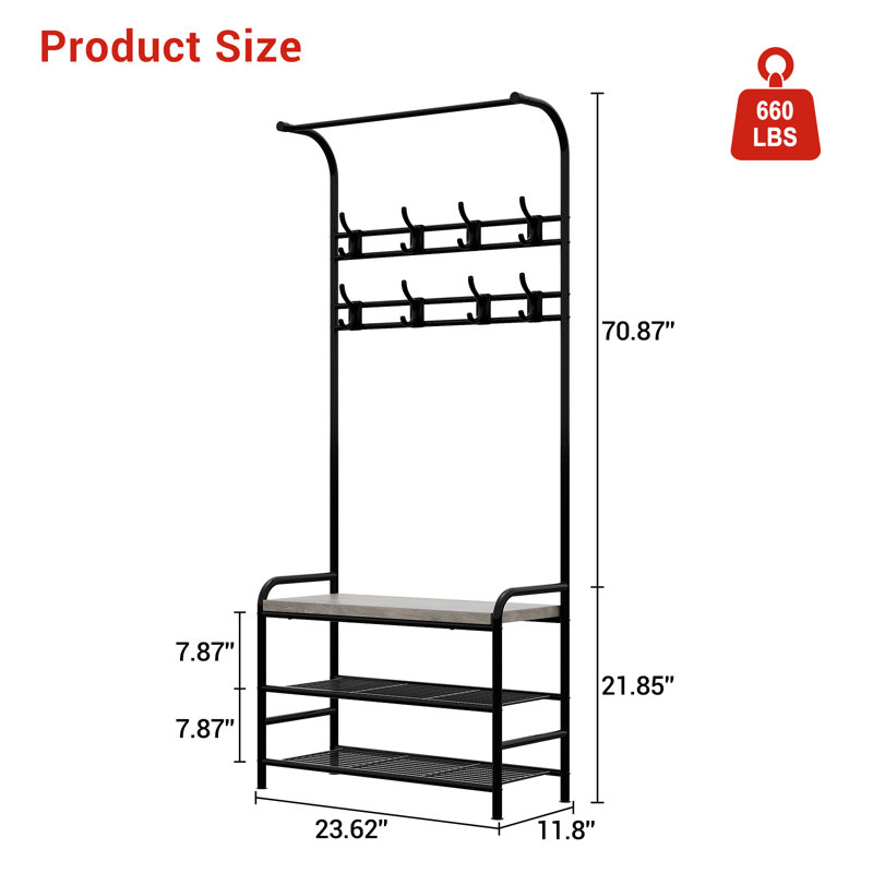 Portemanteau 3-en-1, organisateur de vestibule avec banc à chaussures, 3 tablettes à 8 niveaux et 8 crochets, gris