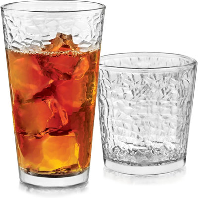 Yucatan Tumbler And Rock Glasses Drinking Set, Textured Drinking Glasses Set Of 16, All Purpose Glass Cups Set For Events And Everyday Use