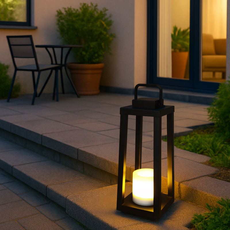 1 Light Modern Matte Black Solar Lantern With Candle Shape Outdoor Light Decorative Portable Hanging Led Lights For Patio Camping