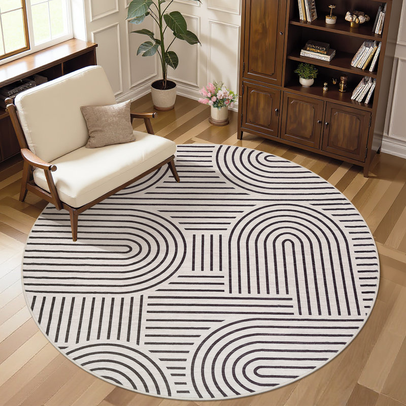 Round Rug 4 Ft Modern Abstract Stripe Rug Machine Washable Foldable Circular Carpet Non Slip Backing Non Shedding for Bedroom Nursery Living Room Light Camel