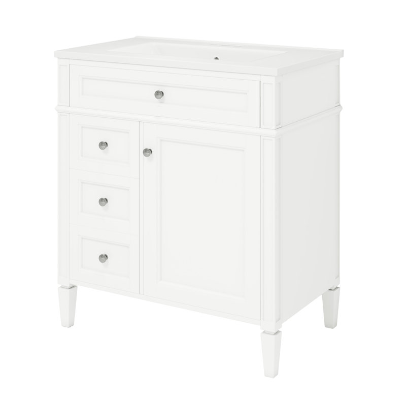 Meuble-lavabo de 30 po avec lavabo, armoire fonctionnelle 2 tiroirs et rangement escamotable, Blanc