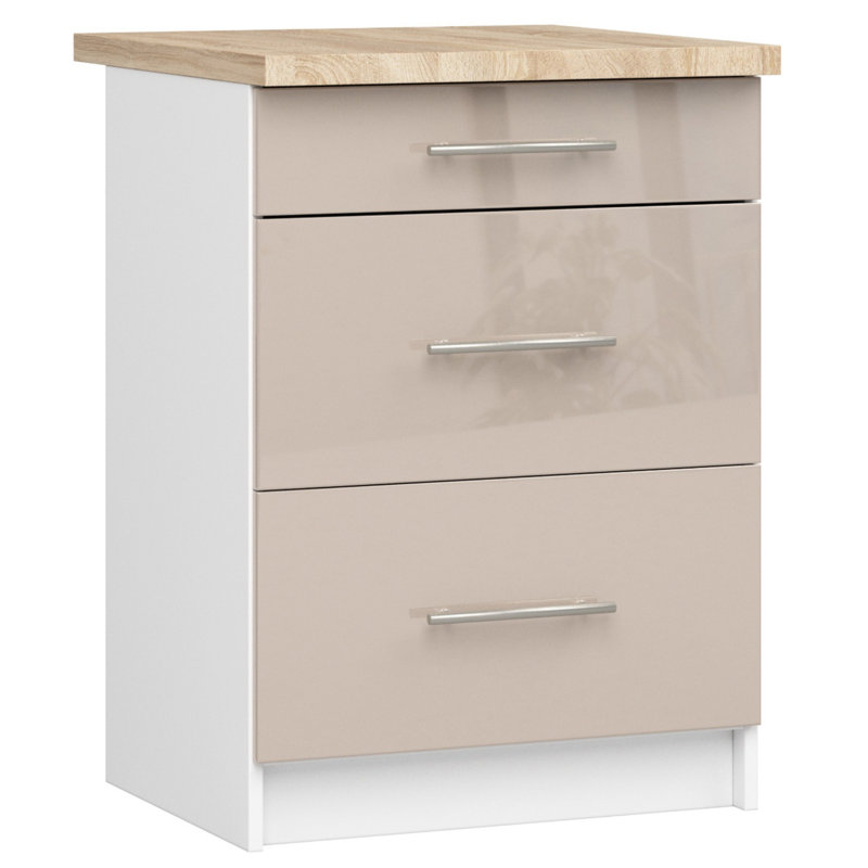 The kitchen base cabinet is white and cappuccino gloss