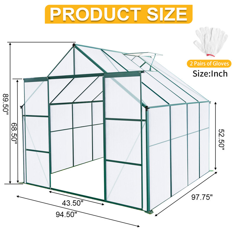 Double Door 8X8 Ft Polycarbonate Greenhouse, Galvanized Base, Ideal For All Weather Outdoor Plants Heavy Duty Greenhouse With Anchor, Backyard In Seasons