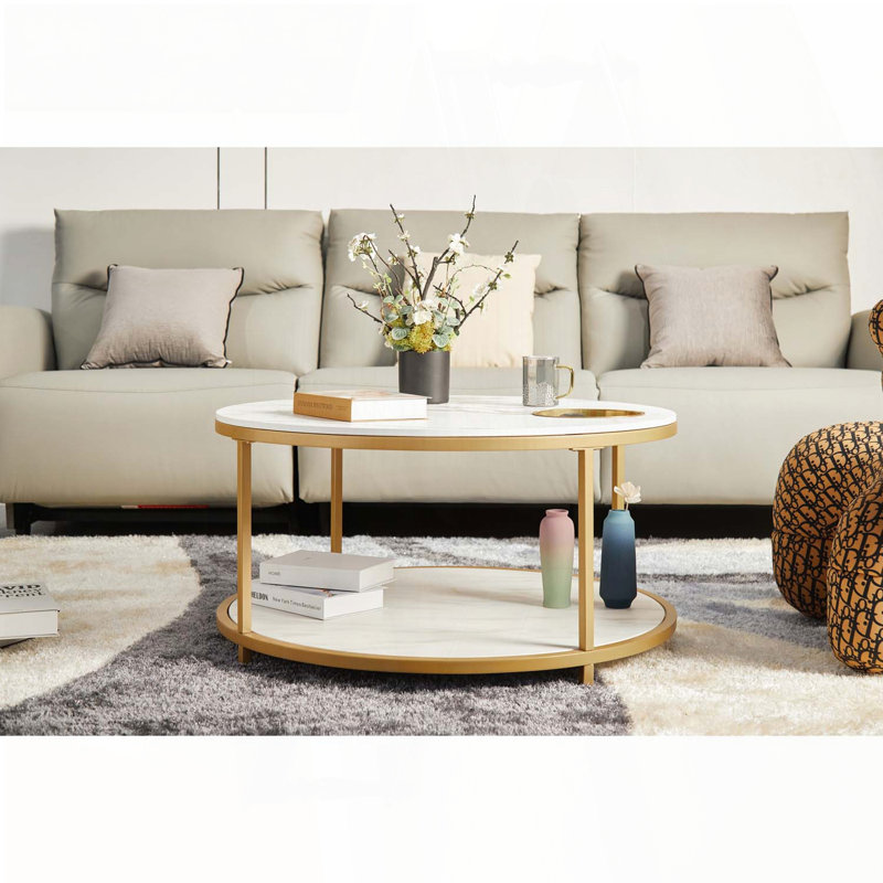 Table basse ronde avec rangement double couche - blanc et or