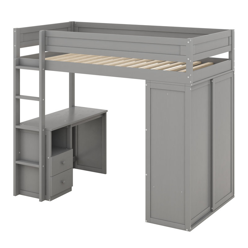 Jaslena Kids Loft Bed with Drawers, Twin, Gray
