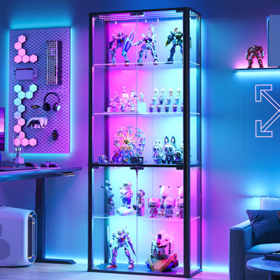60" Tall Glass Display Cabinet with Motion Sensor RGB Lights and Lockable