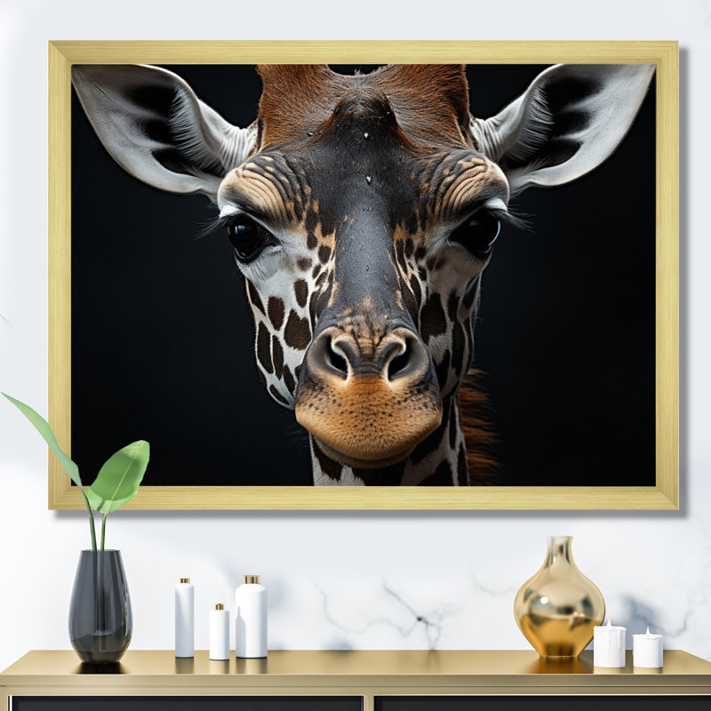 «Black and White Giraffe Portrait I - Giraffe», reproduction d'art sur toile encadrée, H 12 po x l 20 po, Cadre photo unique