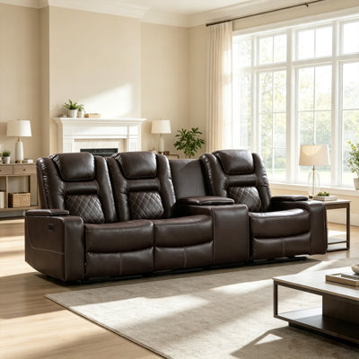 Modern 3‑Seat Faux Leather Reclining Home Theater Sofa For Living Room With Armrest Compartments & Built‑In Charging Ports