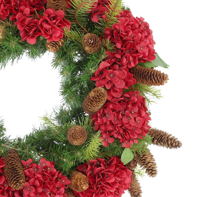26'' Holiday Wreath with Hydrangeas and Pinecones