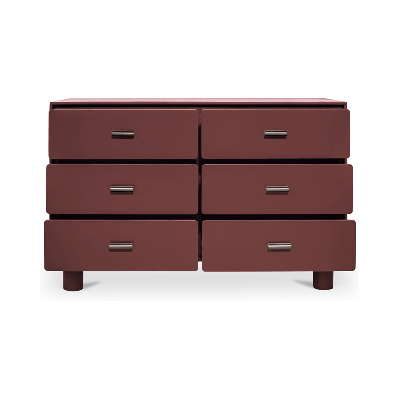 Commode, 6 tiroirs rouge foncé avec pieds ludiques et tablette ouverte, structure en bois d'hévéa, style moderne