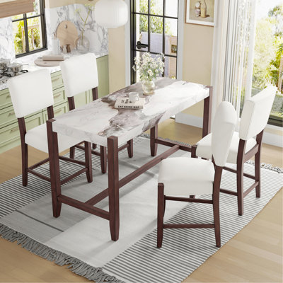 5-Piece Counter Height Dining Table Set, Faux Marble Bar Table And 4 Upholstered-Seat Chairs, Mid-Century Modern Dining Set For Dining Room, Pub Kitchen, Small Place