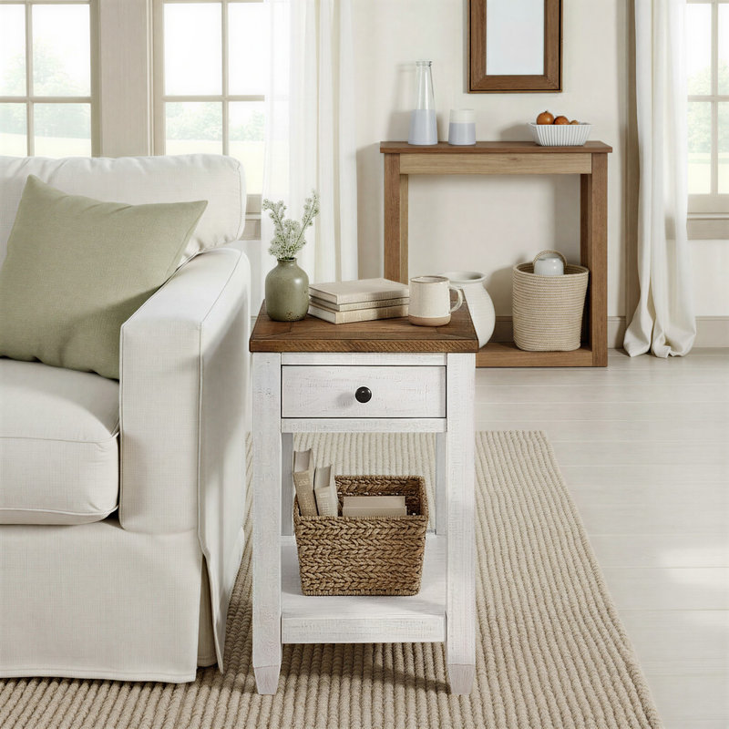 Sarcoline Solid Wood Chairside End Table With Charging Station, Natural/White