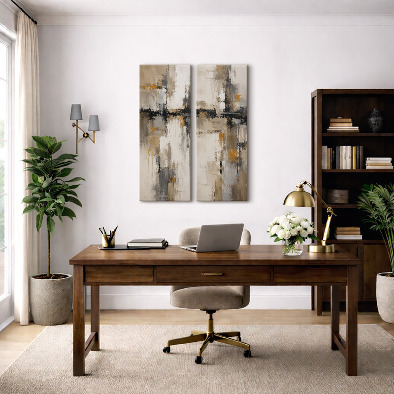 Ensemble de 2 impressions encadrées sur toile, motif géométrique abstrait beige et gris neutre, 81 x 30 x 5 cm (32 x 12 x 2 pouces).