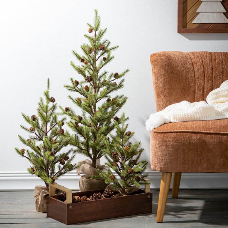 Stacy Faux Pine Tree in Wicker/Rattan Pot, 18" H x 11" W x 11" D
