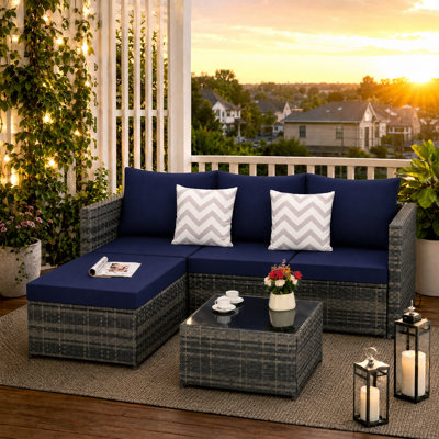 2-Piece Outdoor Patio Furniture Set, L-Shaped Wicker Sectional Conversation Set with Cushions, Ottoman and Detachable Lounger Table for Backyard