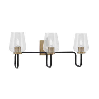 Barre d'éclairage de salle de bain 3 lumières Amarmula au fini noir mat et laiton vieilli, verre transparent 5 po