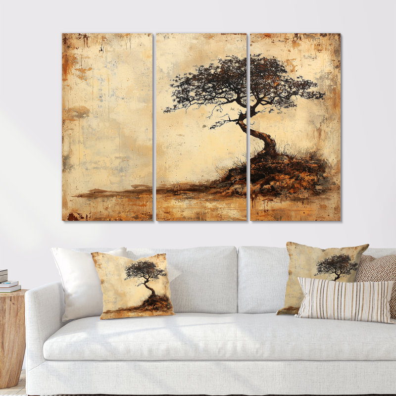 «Yellow Vintage Savannah African Tree II» - ensemble d'art mural arbre africain, Métal métal, H 40 po x l 60 po x P 1 po