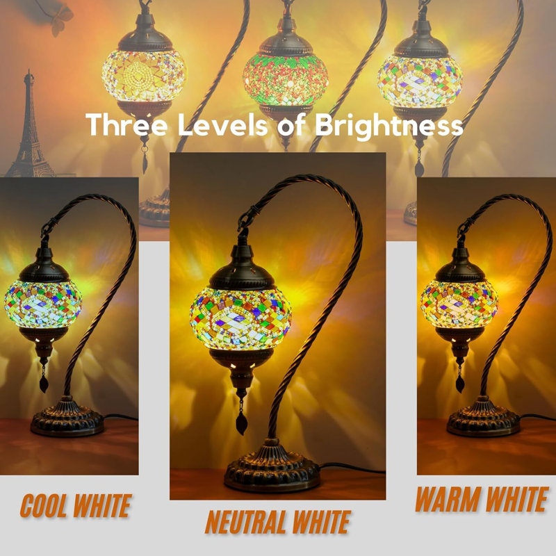 Turkish Moroccan Table Lamp, Mosaic Swan Neck Design, for Home Decor, Living Room, Bedroom Ambiance Reading Nook, Colorful