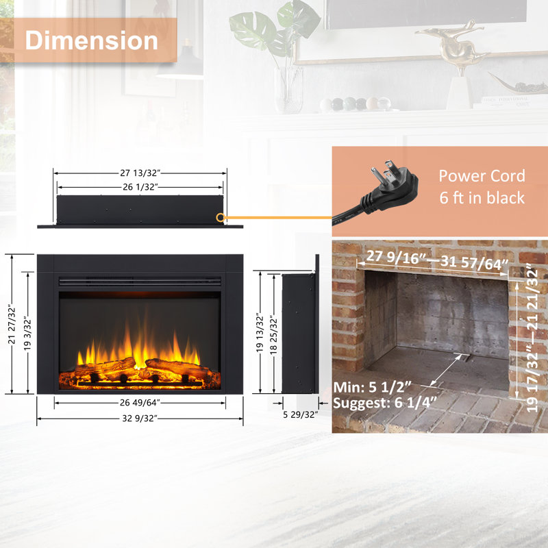 Siddhesh 32" W Fireplace Insert with Adjustable Color Flames & Fire Cracking Sound