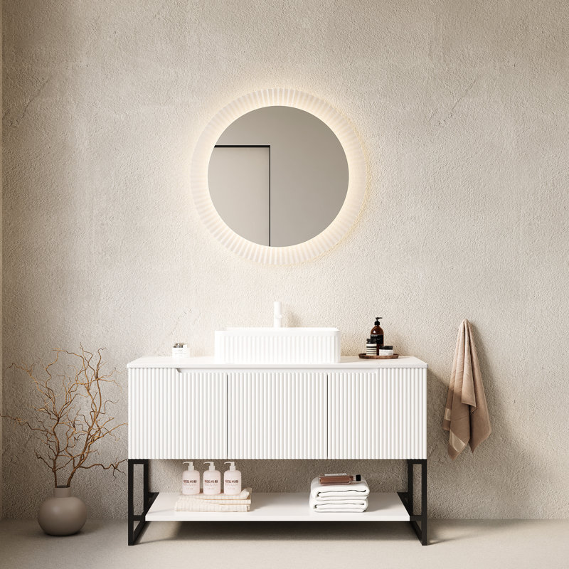 Meuble-lavabo 48 po avec lavabo en céramique blanche, comptoir en pierre frittée, 3 portes et tablette ouverte pour espace de rangement utilitaire
