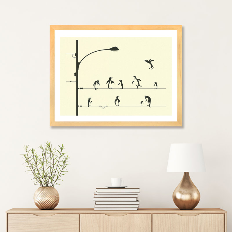 «Penguins on a Wire», art encadré, H 24 po x l 32 po x P 1 po, Natural Wood Framed Fine Art Paper