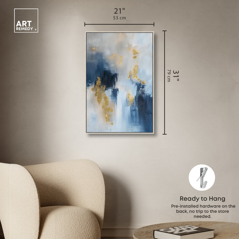 Morning Dew Blue Abstract Canvas Wall Art with Silver Frame
