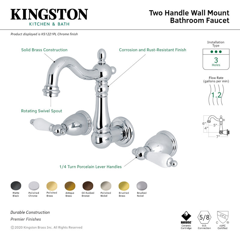 Kingston Brass Heritage Two-Handle 3-Hole Wall Mount Bathroom Faucet, Oil Rubbed Bronze