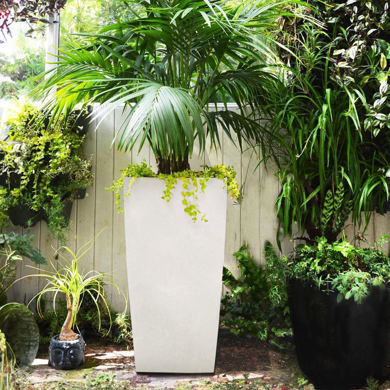 Tall Planter with Drainage Holes, Frostproof Outdoor Plant Pot, Concrete Effect Tall Tapered Planter, White
