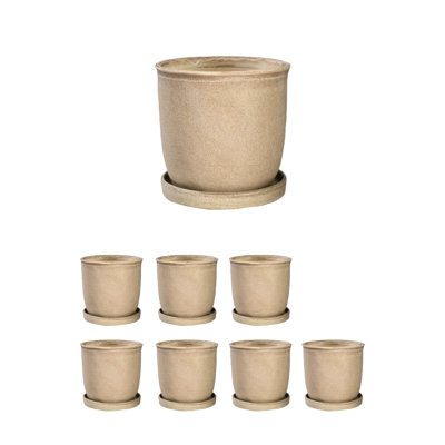  Light Brown Ceramic Planter With Drainage Hole & Saucer, Indoor Plant Pot For Succulents, Herbs & Houseplants, Minimalist Cylinder Design, 5.2" Diameter & 5.3" Tall, Pack Of 8