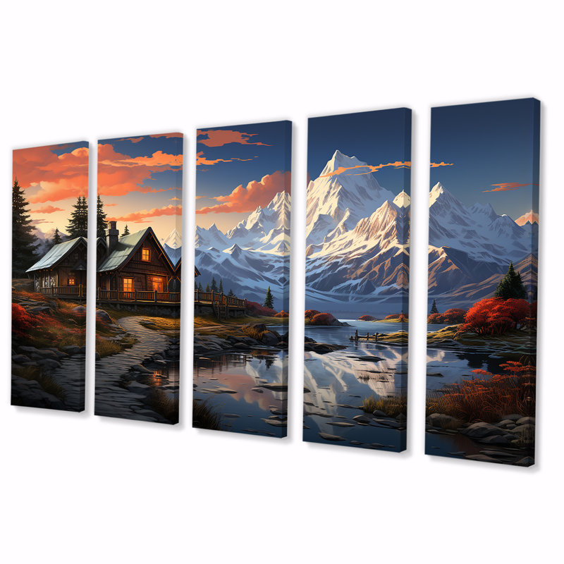 European Winter Cottage Retreat - Paysage d'hiver, ensemble de 5 pièces d'art mural, H 32 po x l 80 po