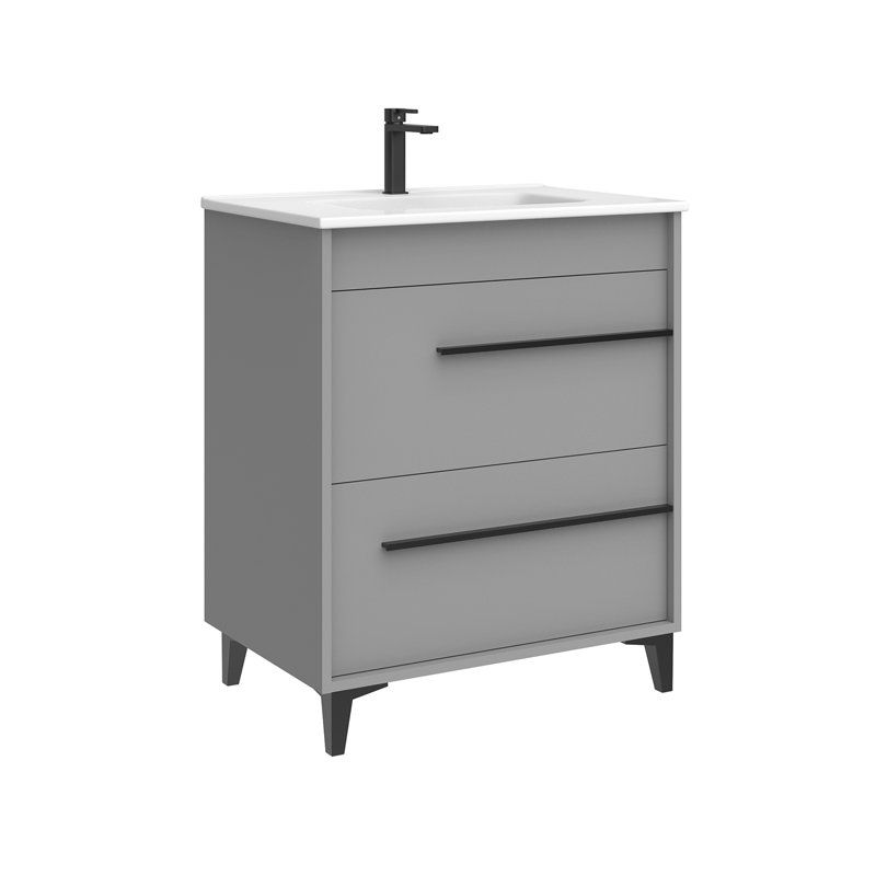 Meuble-lavabo simple autoportant avec plateau en céramique Lotus, Brume mate, 28"