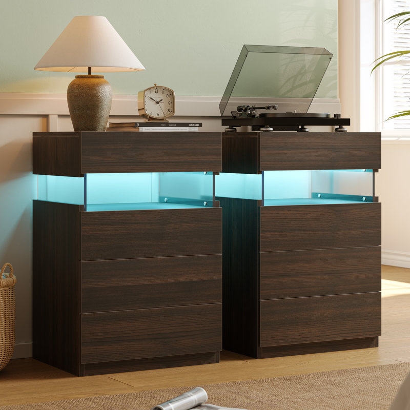 Led Nightstand With 4 Drawers - More Capacity Storage, Brown